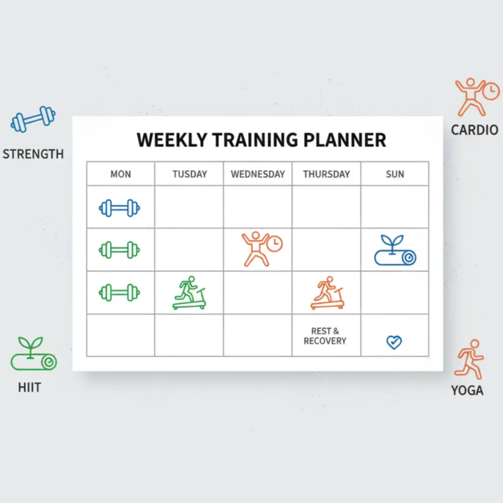 Weekly cardio and strength training schedule illustration