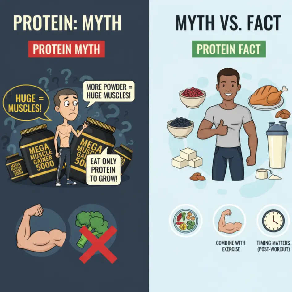 Protein Myths Debunked: 7 Powerful Facts Athletes Must Know 1 Protein myth vs fact concept image