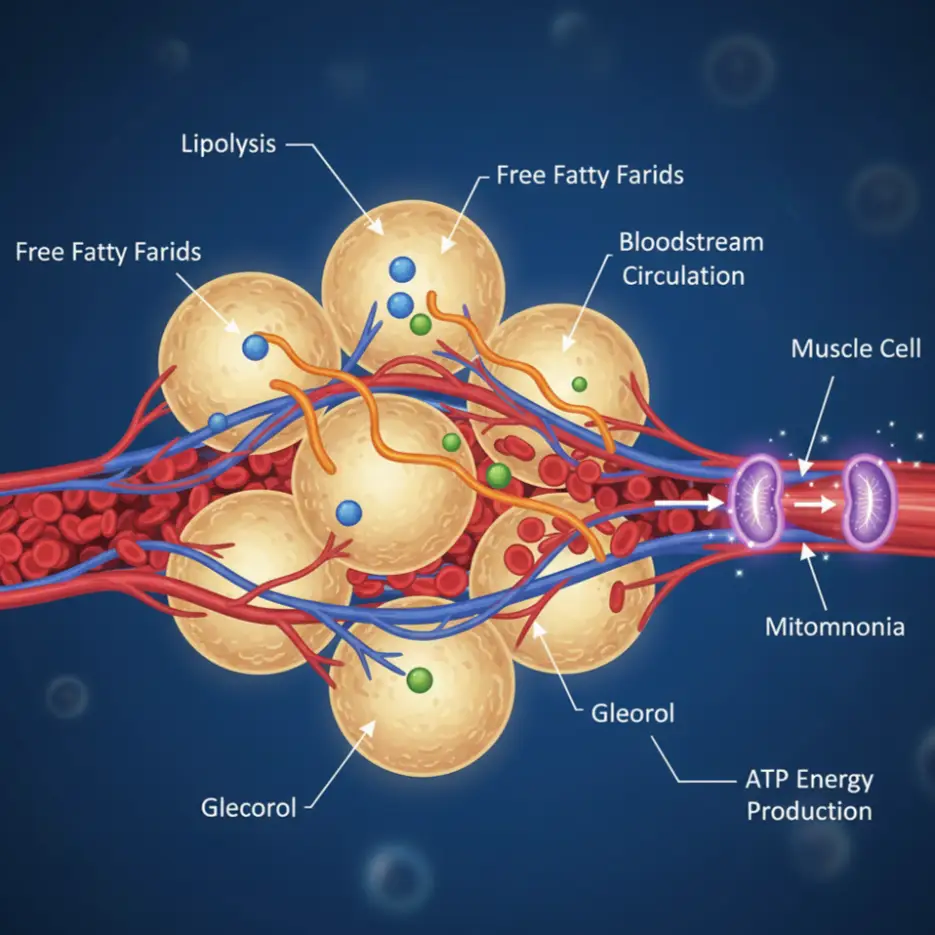 Science of fat loss showing fat cells breaking down into energy