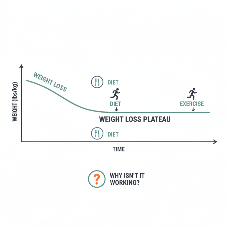 Weight loss plateau concept illustration with diet and exercise icons
