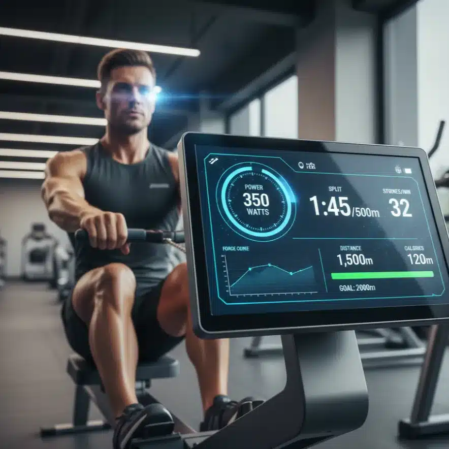 Ultimate Performance gym equipment displaying live performance metrics